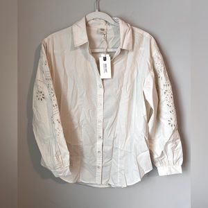 Matilda Jane Good Hart women’s oversized button down. Cream with floral cutout.